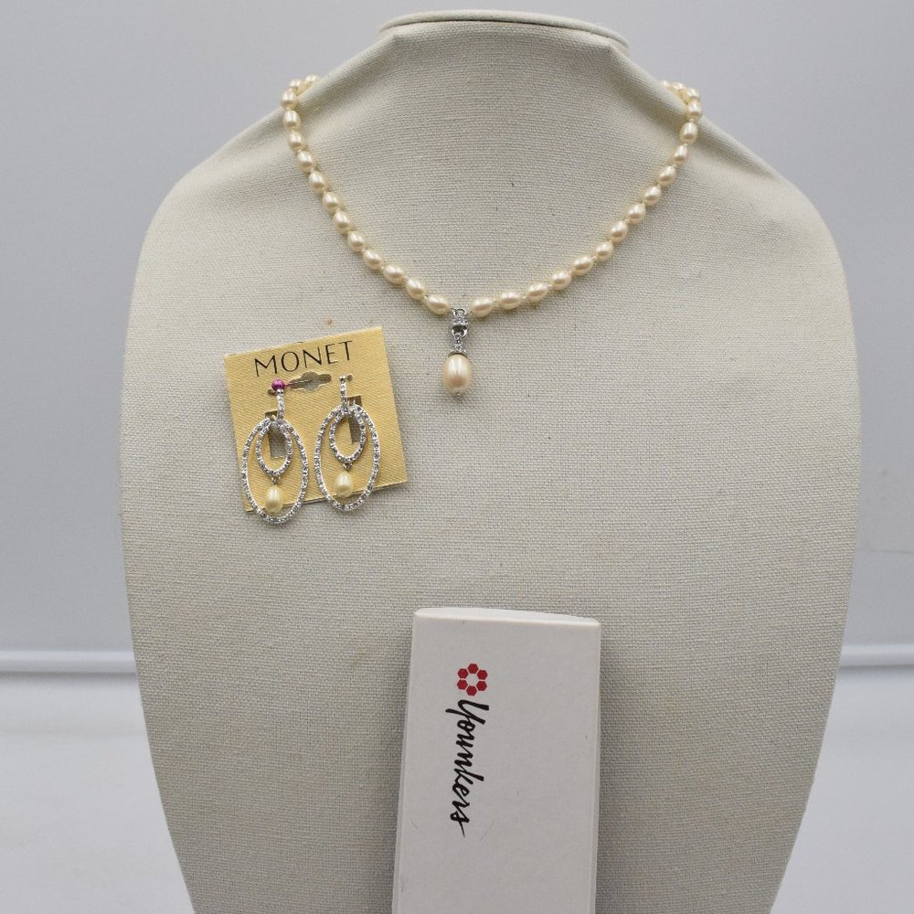 NWT Vintage Monet 75th Anniversary Faux Pearl Necklace & Earring Set